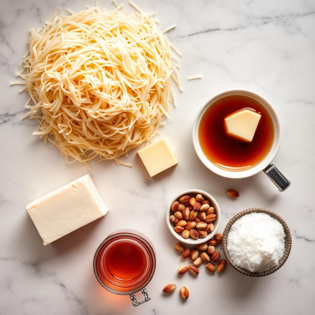 Overhead flat lay of knafeh ingredients on marble including shredded kataifi pastry, a block of white cheese, melted butter, sugar syrup, pistachios and sugar