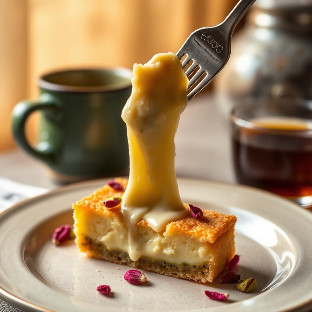 Single slice of warm knafeh on a ceramic plate with a dramatic melted cheese pull lifted by a fork, dried rose petals scattered around, beside a cup of Arabic coffee