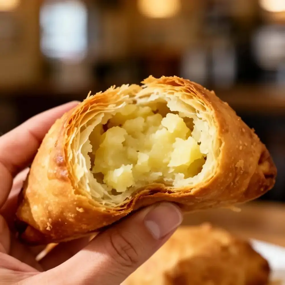 Close-up of a hand holding a half-eaten golden potato knish showing flaky layered pastry and creamy potato filling inside