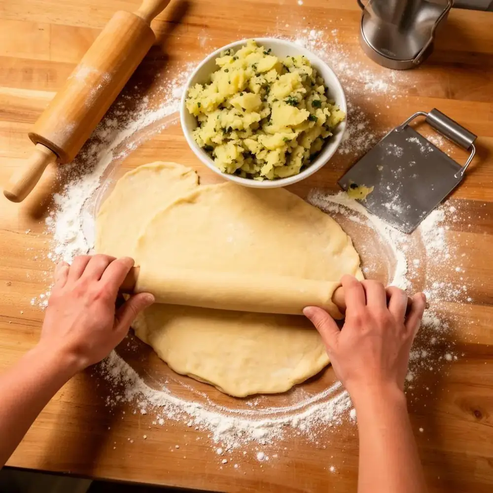 Hands rolling out thin knish dough on a floured wooden surface with seasoned potato filling and a rolling pin nearby