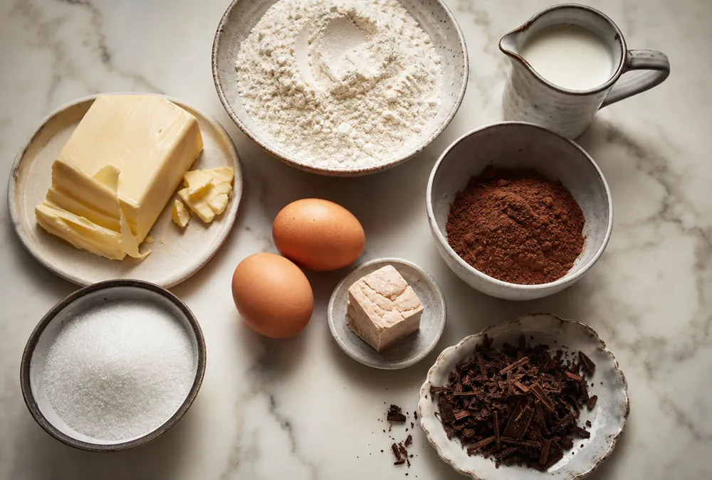 Flat lay of kokosh cake ingredients on pale marble: flour, a cube of fresh yeast, brown eggs, butter, sugar, cocoa powder, a jug of milk, and dark chocolate shavings