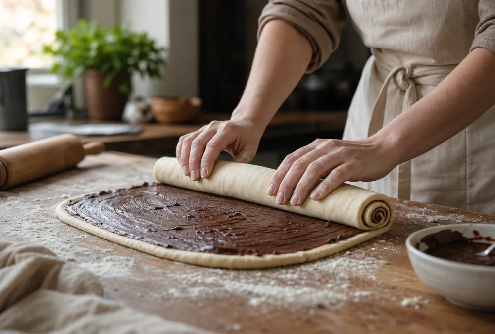Hands rolling a thin sheet of yeast dough spread with dark chocolate cocoa filling into a tight log on a floured wooden countertop in a home kitchen
