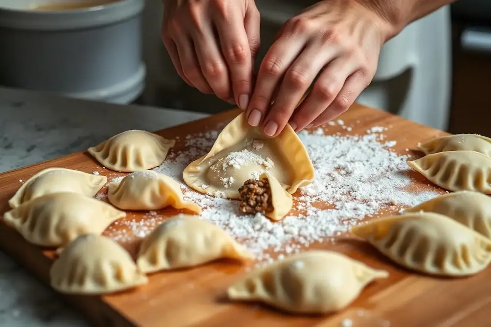 Hands folding triangular kreplach dumplings around meat filling on a floured wooden board