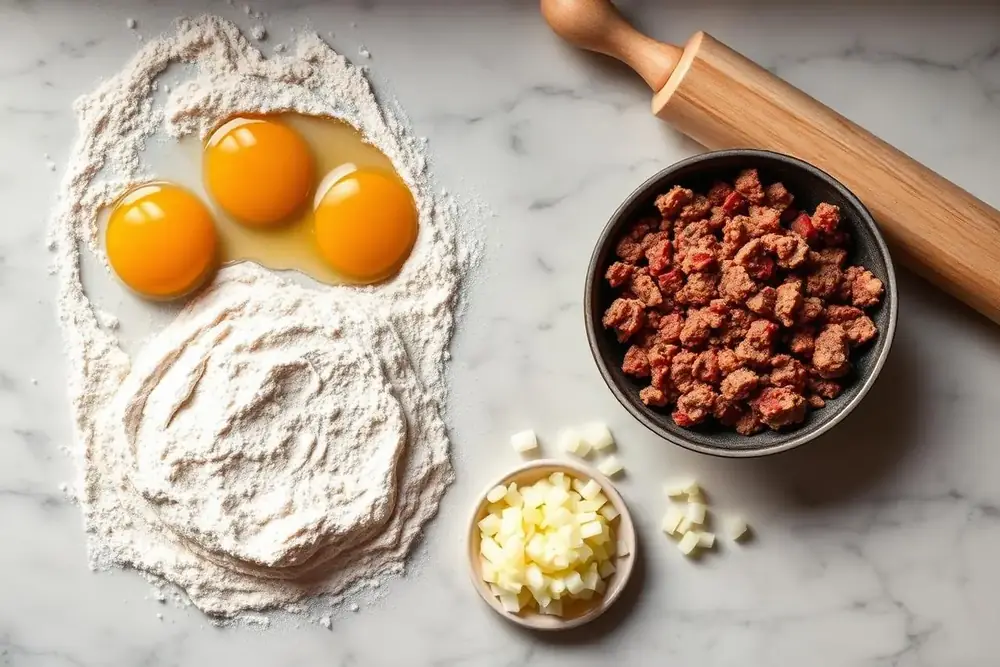 Raw kreplach ingredients: flour, fresh eggs, seasoned ground meat filling and chopped onion on marble