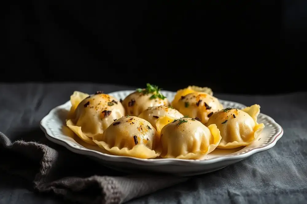 Golden pan-fried kreplach dumplings plated on a vintage white dish with fresh herbs