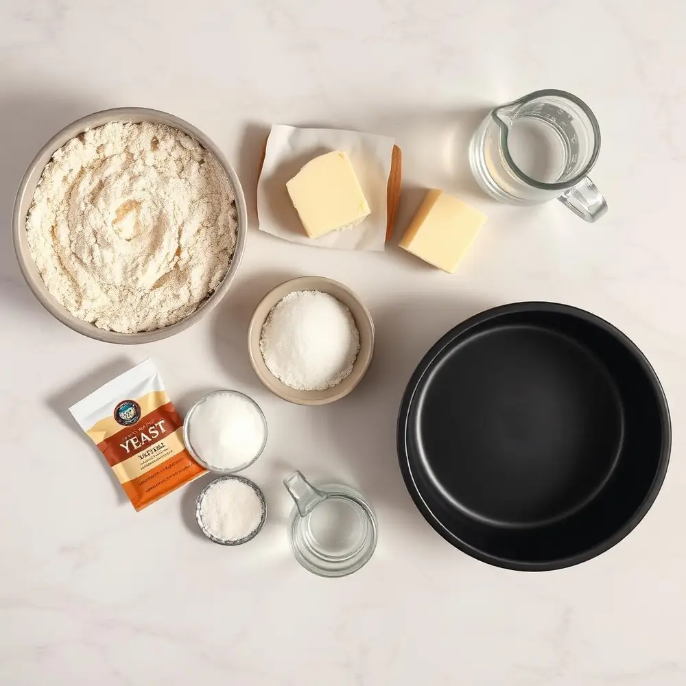 Raw kubaneh ingredients on marble: flour, soft butter, yeast, sugar, salt, water and a round black baking pan
