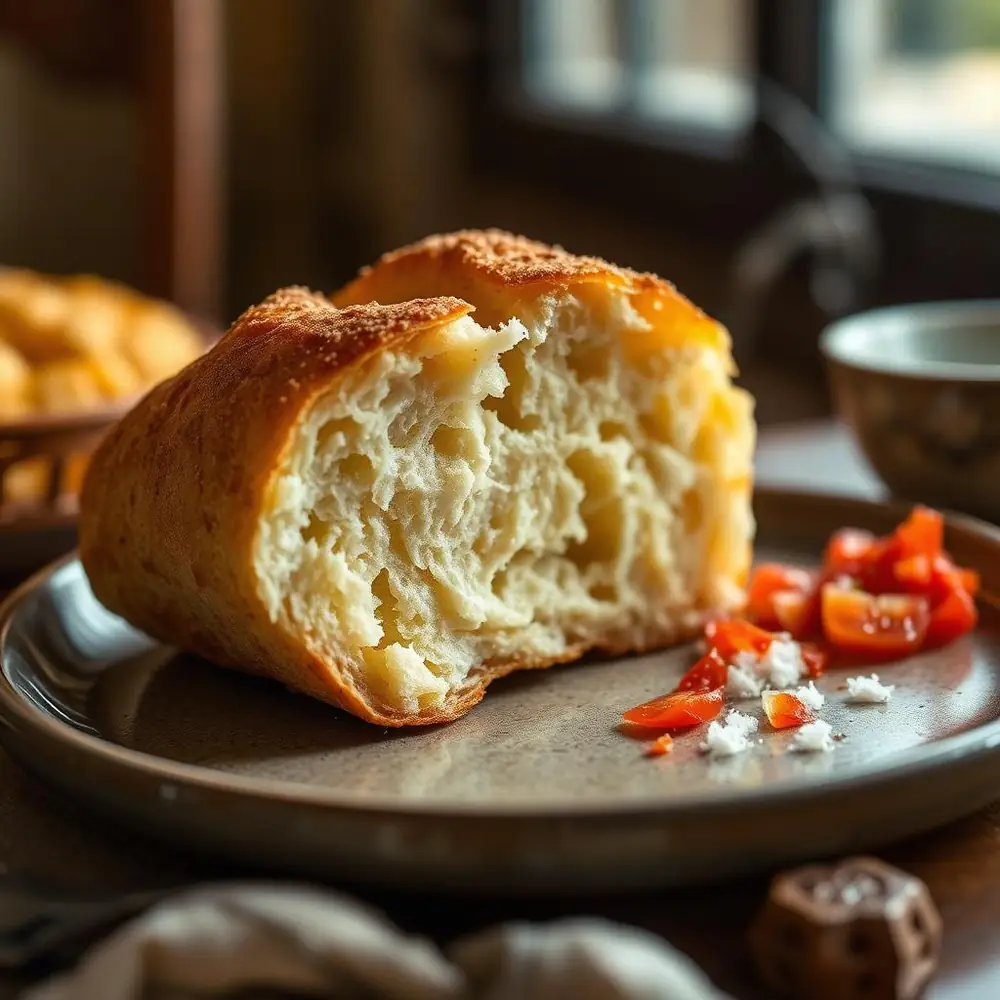 Warm piece of kubaneh pulled apart on a plate showing soft buttery layers beside grated tomato