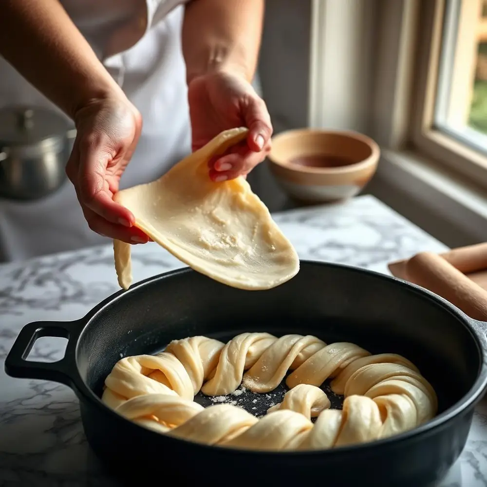 Hands stretching thin buttered dough and coiling it into a round black pan to shape kubaneh
