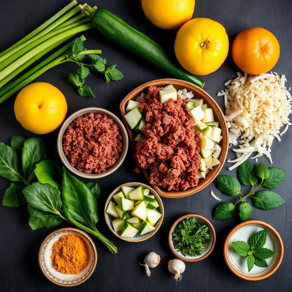 Overhead flat lay of raw kubbeh hamusta ingredients including fine semolina, ground beef, zucchini, celery, Swiss chard, lemons, garlic, turmeric, and dried mint on a dark surface