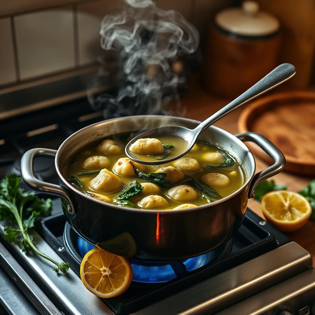 A steaming pot of tangy green kubbeh hamusta soup on a stovetop with a ladle lifting dumplings, greens, and broth, lemon halves resting nearby