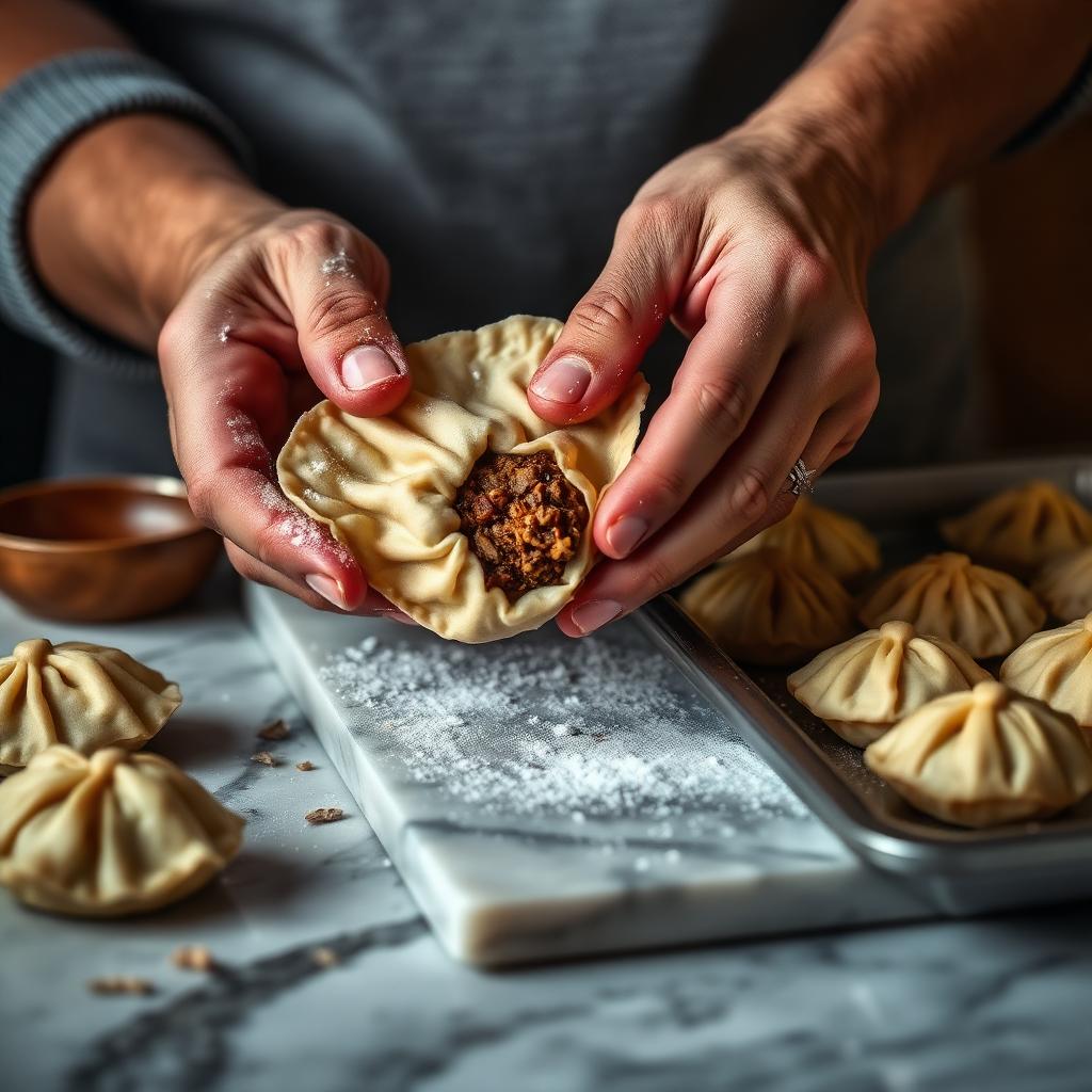 Close-up of hands shaping soft semolina dough around a spiced meat filling to form a kubbeh dumpling, with a tray of finished raw dumplings and flour nearby