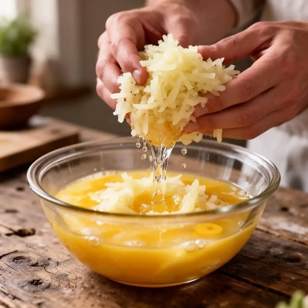 Hands squeezing liquid from freshly grated potatoes into a bowl of beaten eggs