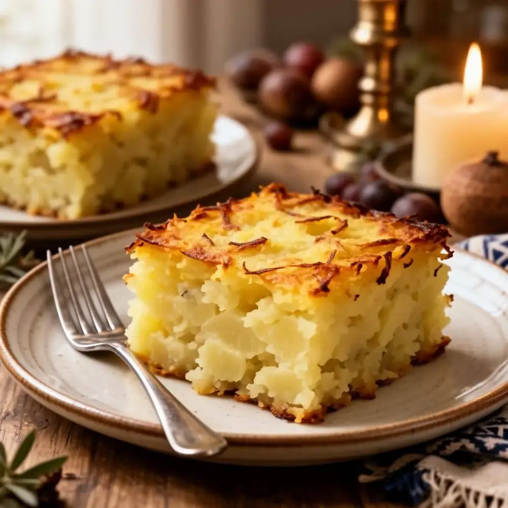 A square slice of crispy potato kugel on a ceramic plate at a candlelit holiday table
