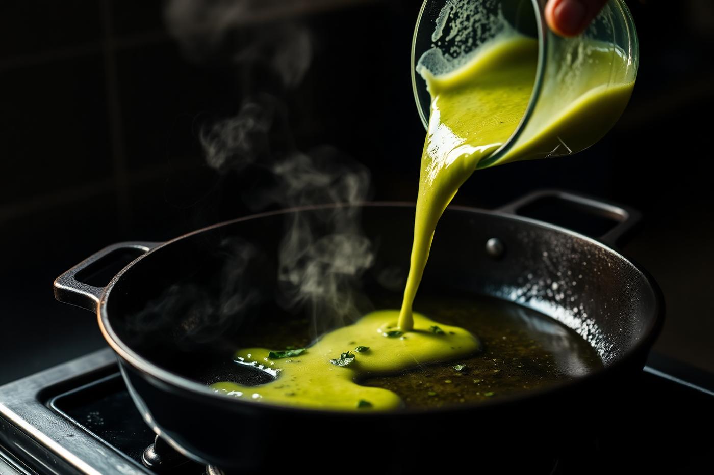 Bright green herb and egg batter being poured into a hot cast iron skillet with sizzling oil for kuku sabzi