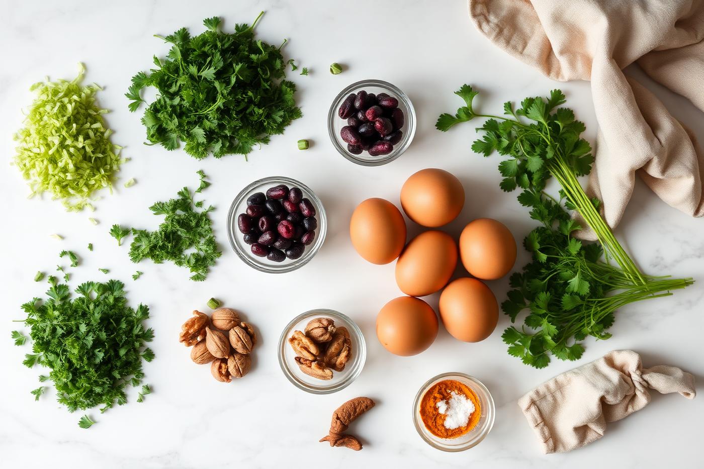 Overhead flat lay of kuku sabzi ingredients: chopped parsley cilantro dill and chives, barberries, walnuts, brown eggs, and turmeric on marble