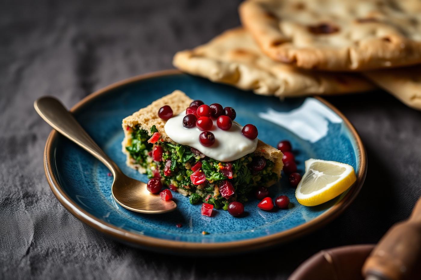 Slice of Persian kuku sabzi on a blue plate with yogurt, barberries, lemon, and warm flatbread