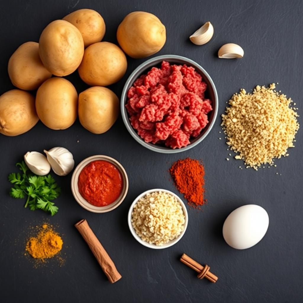 Overhead flat lay of Libyan mafrum ingredients including potatoes, ground beef, garlic, parsley, breadcrumbs, tomato paste, paprika, turmeric, and an egg on a dark slate surface