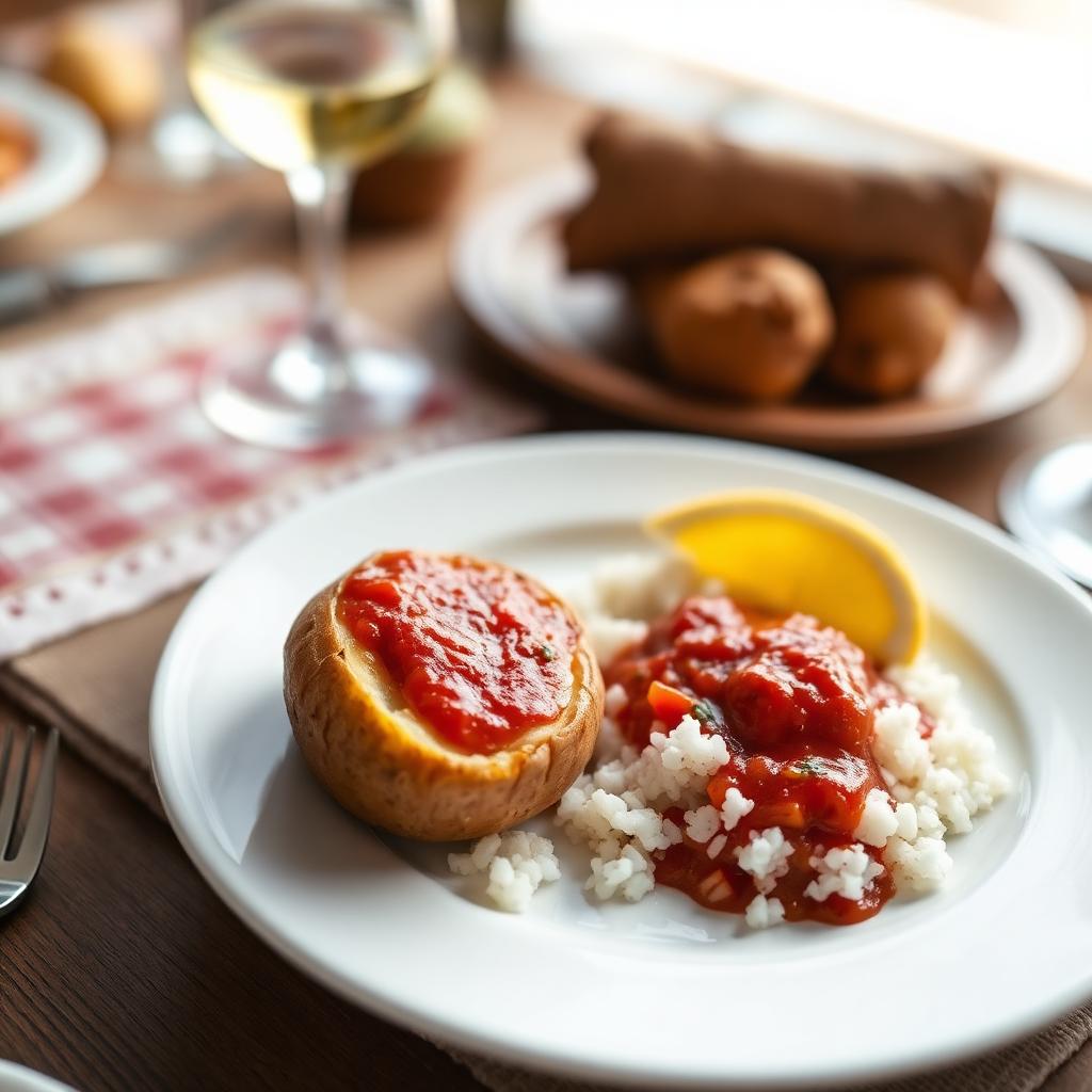 A single plated portion of Libyan mafrum with a stuffed potato in red tomato sauce beside white rice and a lemon wedge on a festive Shabbat table