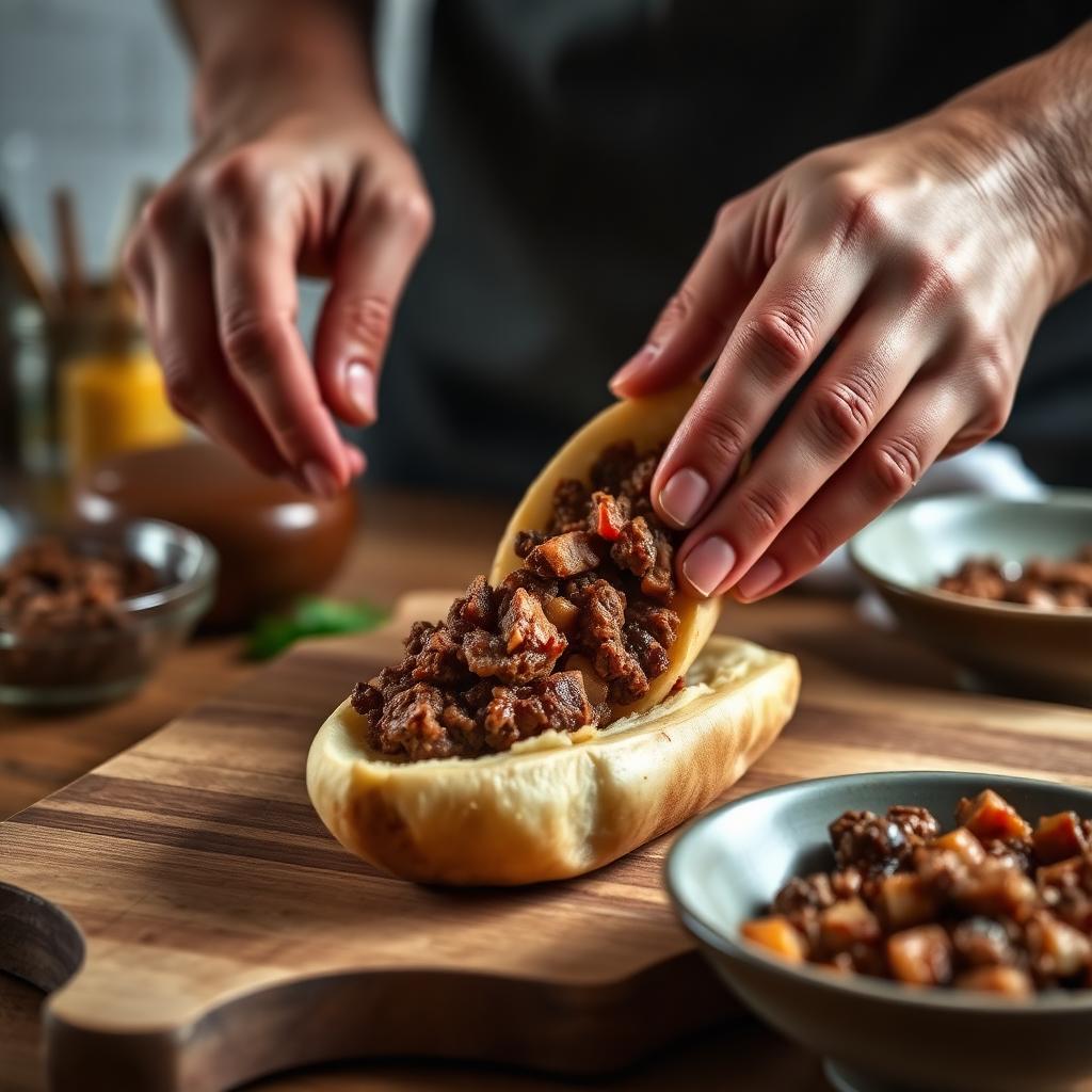 Hands stuffing spiced ground beef filling into a sliced potato pocket for Libyan mafrum on a wooden cutting board