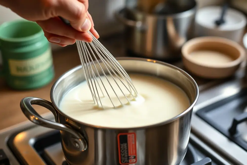 Hand whisking thick creamy malabi milk pudding in a stainless steel saucepan on the stove