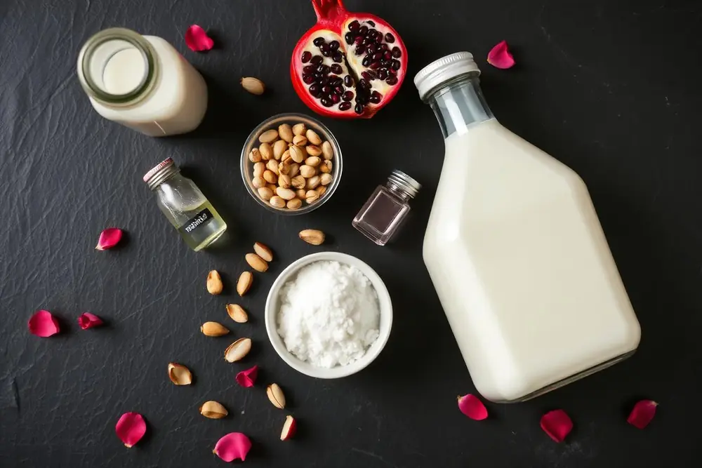 Flat lay of malabi ingredients including milk, cornstarch, sugar, rosewater, pistachios and pomegranate