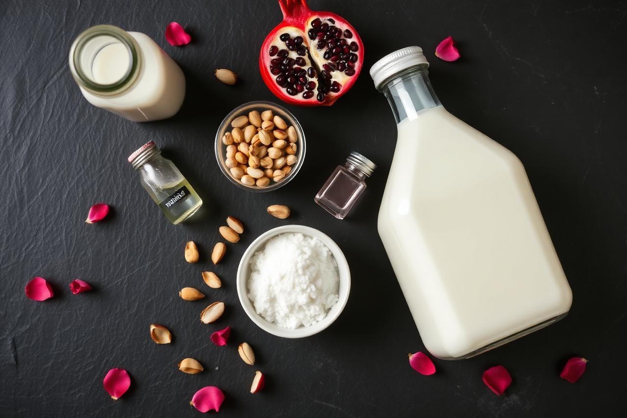 Flat lay of malabi ingredients including milk, cornstarch, sugar, rosewater, pistachios and pomegranate