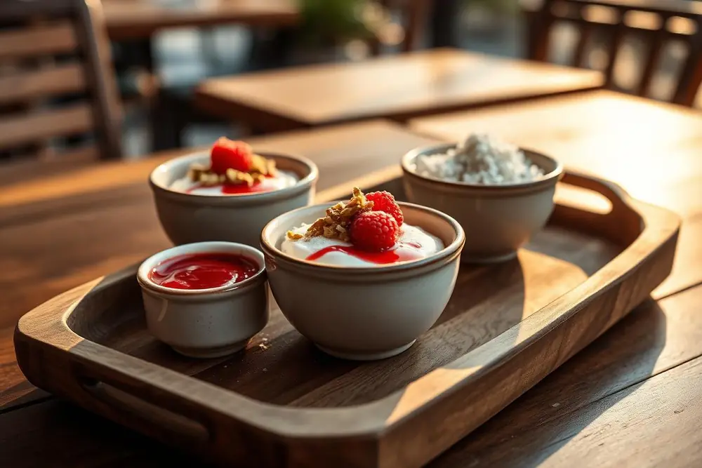 Three small bowls of malabi pudding on a wooden tray with different toppings in warm light