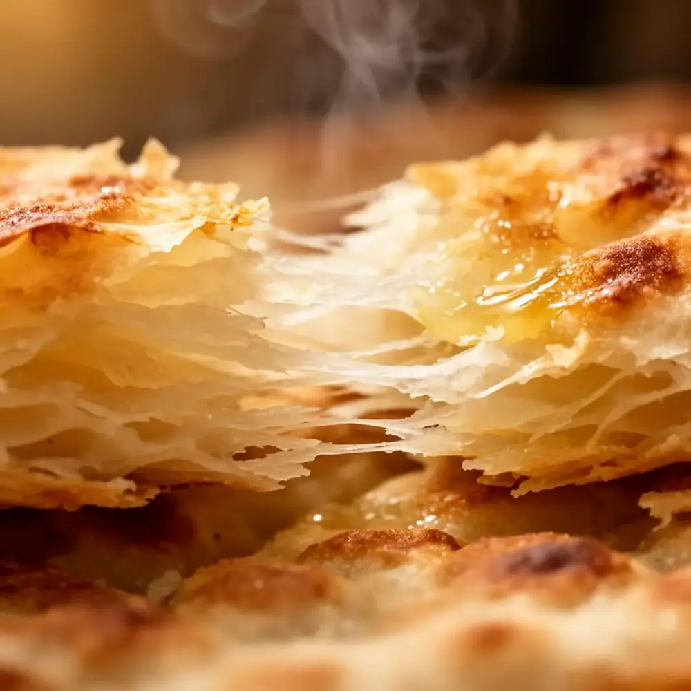 Macro close-up of crispy malawach being pulled apart to show flaky golden layers