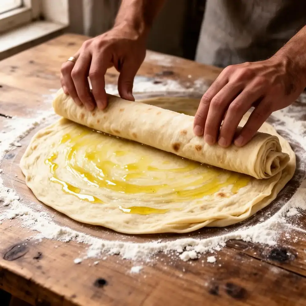 Hands folding and rolling thin buttered dough to laminate malawach layers