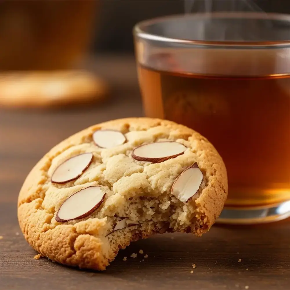 Close-up of a mandelbrot almond cookie with a bite taken, next to a glass of hot tea