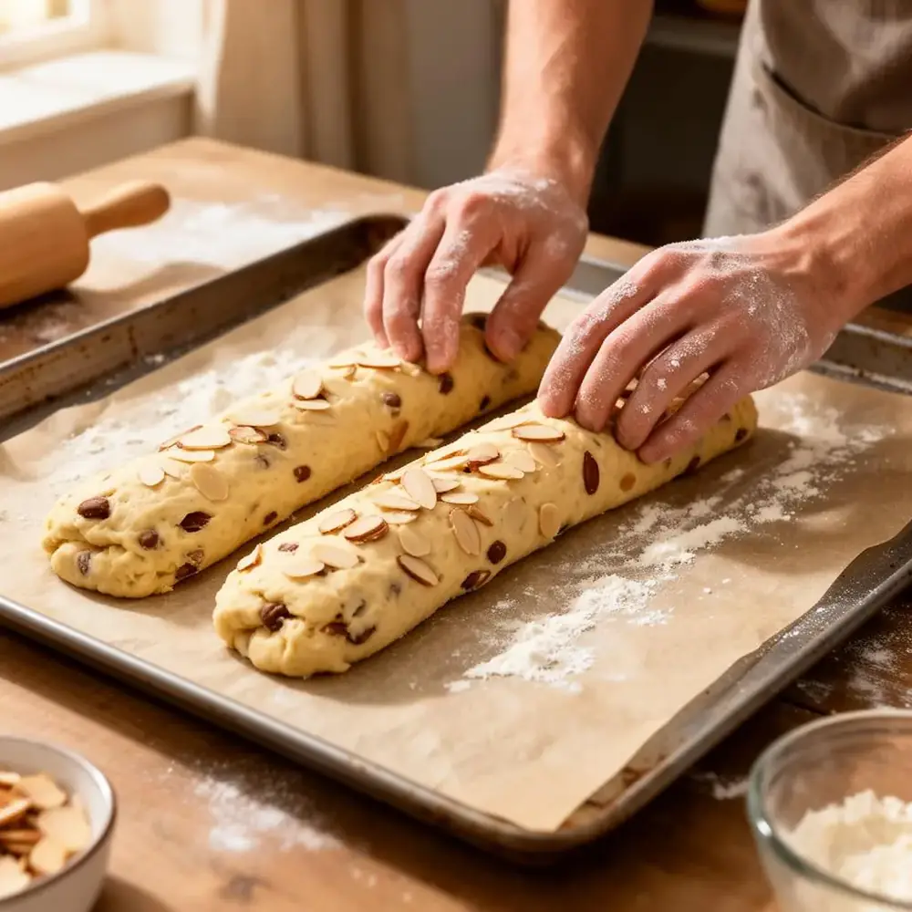 Baker shaping mandelbrot dough into long logs on a parchment-lined baking sheet