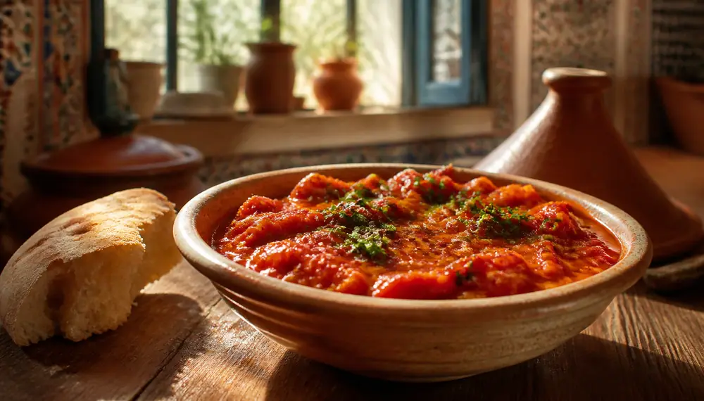 Rustic ceramic bowl of Moroccan matbucha cooked tomato and roasted red pepper salad glistening with olive oil beside torn flatbread on a wooden table