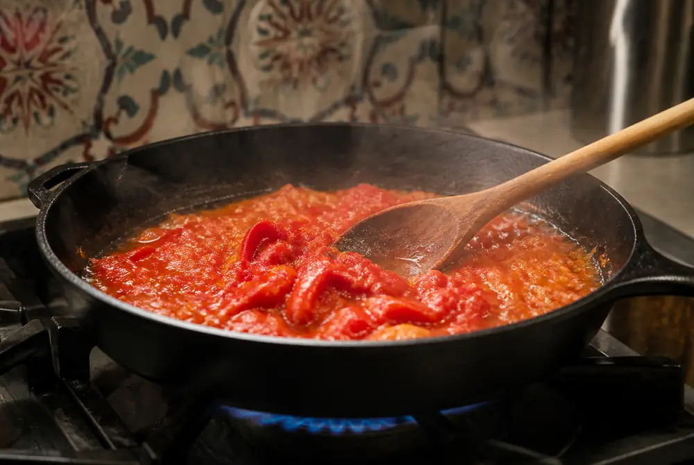 Cast iron skillet on a gas burner with chopped tomatoes and roasted red pepper strips cooking down into thick matbucha while a wooden spoon stirs
