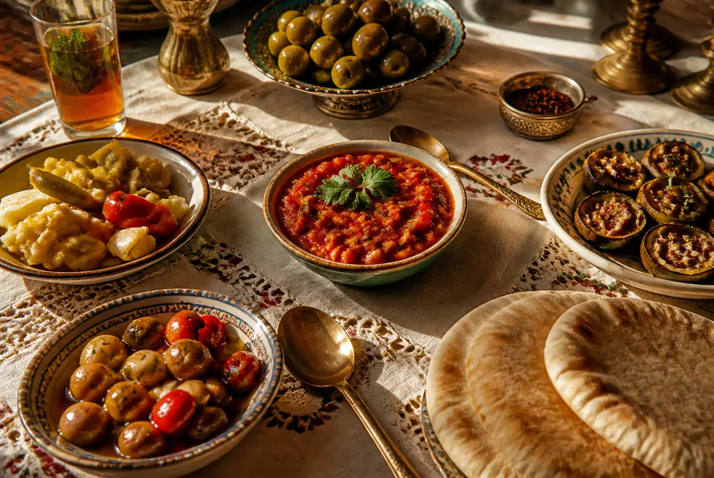 Shabbat mezze table with a bowl of matbucha at center surrounded by olives, pickled vegetables, roasted eggplant, pita bread and a glass of mint tea in golden afternoon light