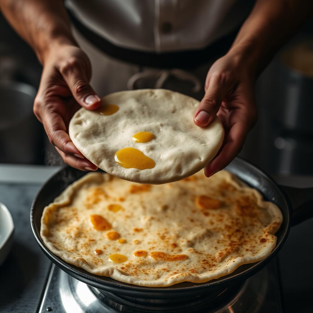 Hands stretching a thin oiled disc of mufleta dough over a hot flat skillet with a golden cooked crepe below