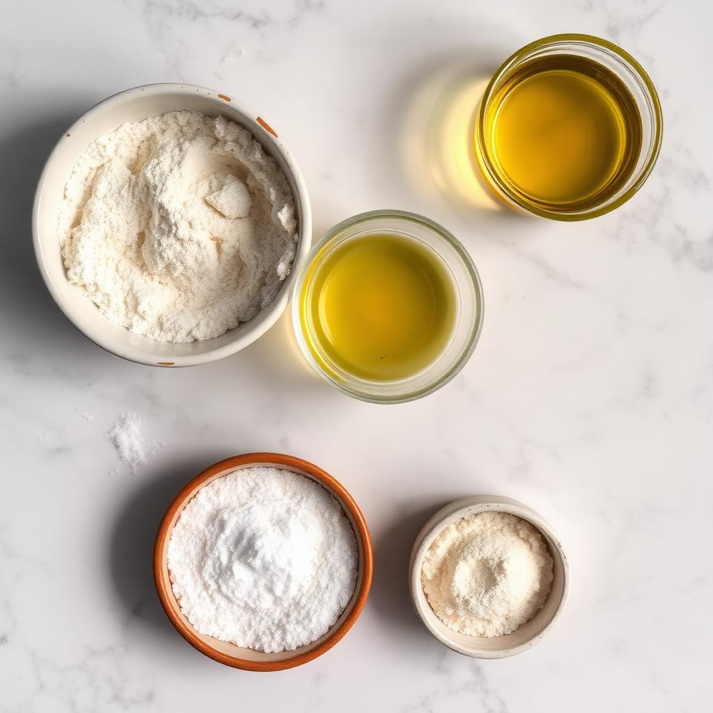 Flat lay of mufleta ingredients including flour, oil, water, salt and yeast in small bowls on a marble surface