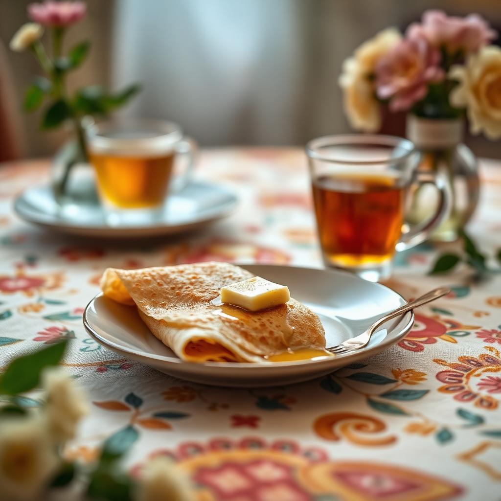 Single warm mufleta crepe folded with butter and honey beside a glass of Moroccan mint tea on a floral Mimouna tablecloth