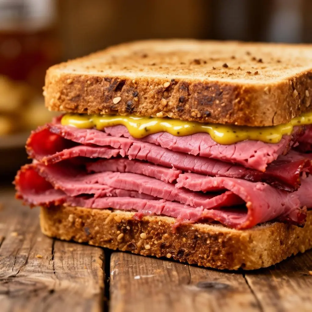 Thick-sliced homemade pastrami stacked high on rye bread with mustard and a visible smoke ring
