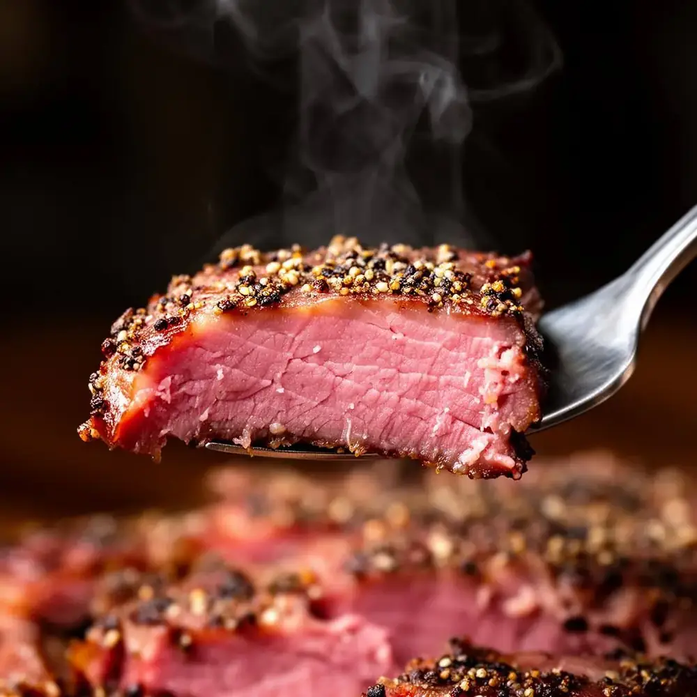 A steaming slice of pastrami on a fork showing the peppery crust and tender pink interior