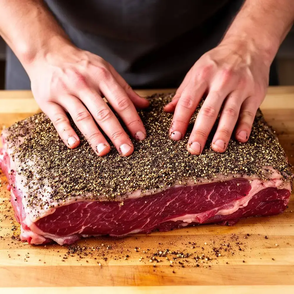 Hands pressing a thick black pepper and coriander spice rub onto a cured beef brisket on a cutting board