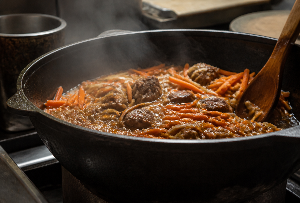 Plov cooking in a cast-iron kazan on the stove with caramelized carrots, browned lamb, and steaming golden broth being stirred with a wooden spoon