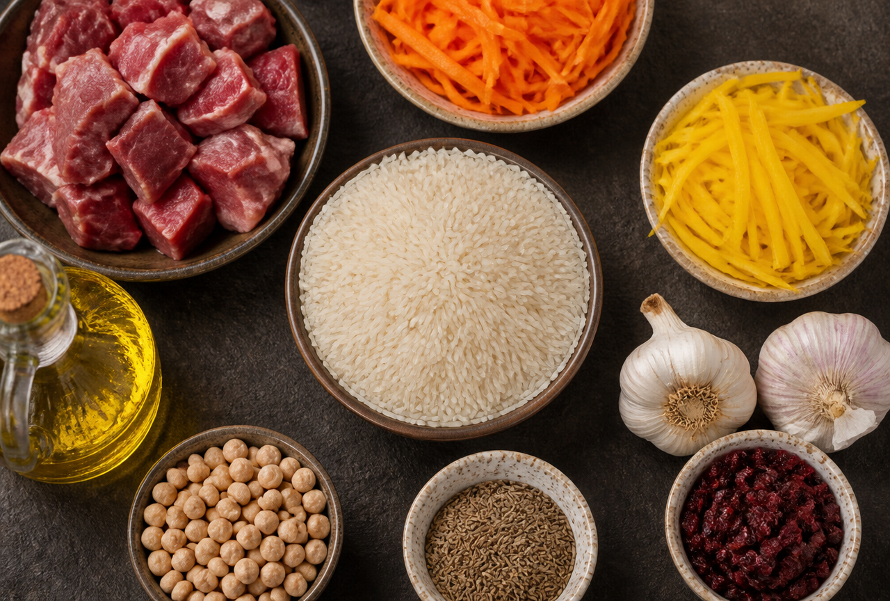 Overhead flat lay of raw plov ingredients including cubed lamb, white rice, julienned orange and yellow carrots, garlic heads, chickpeas, cumin, and barberries on a dark surface