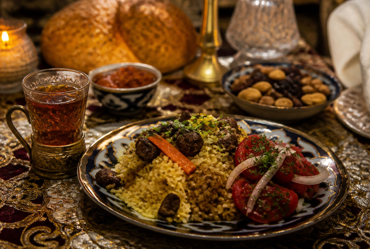 A plated portion of Bukharian plov on a decorative plate with a fresh tomato and onion salad and a glass of tea on an embroidered festive tablecloth lit by candlelight