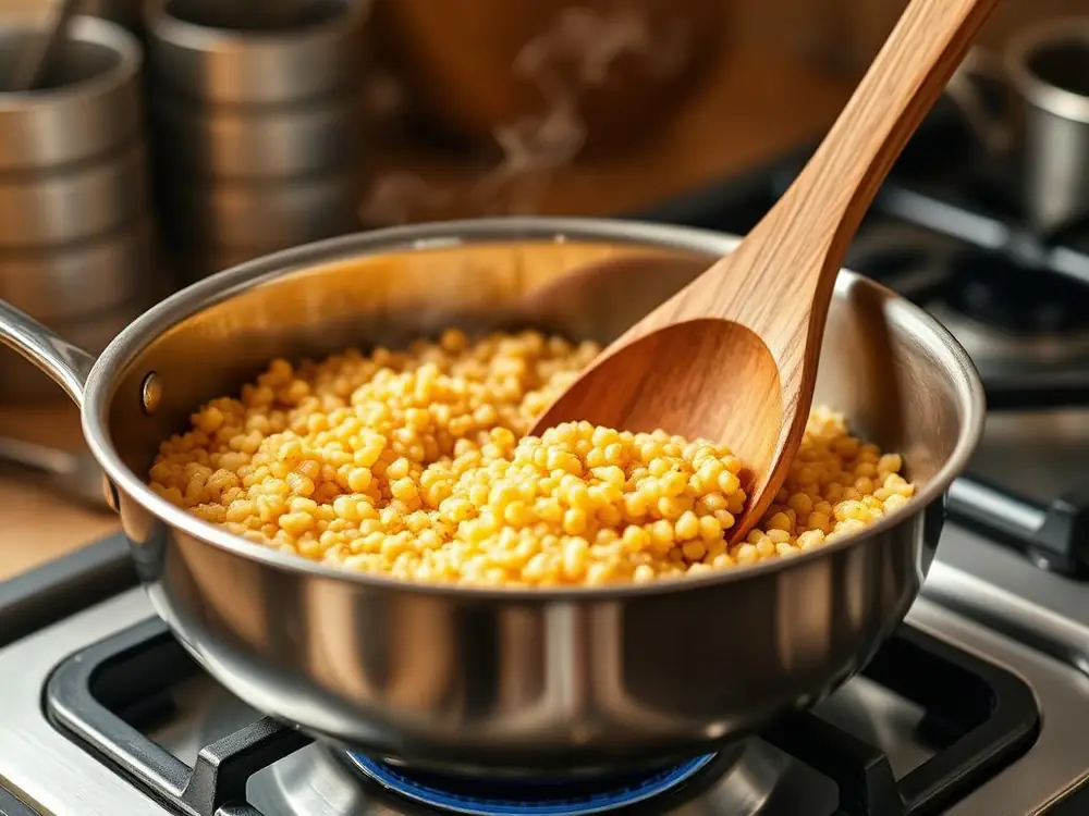 Golden toasted Israeli couscous pearls being stirred with a wooden spoon in a stainless steel pan on the stove