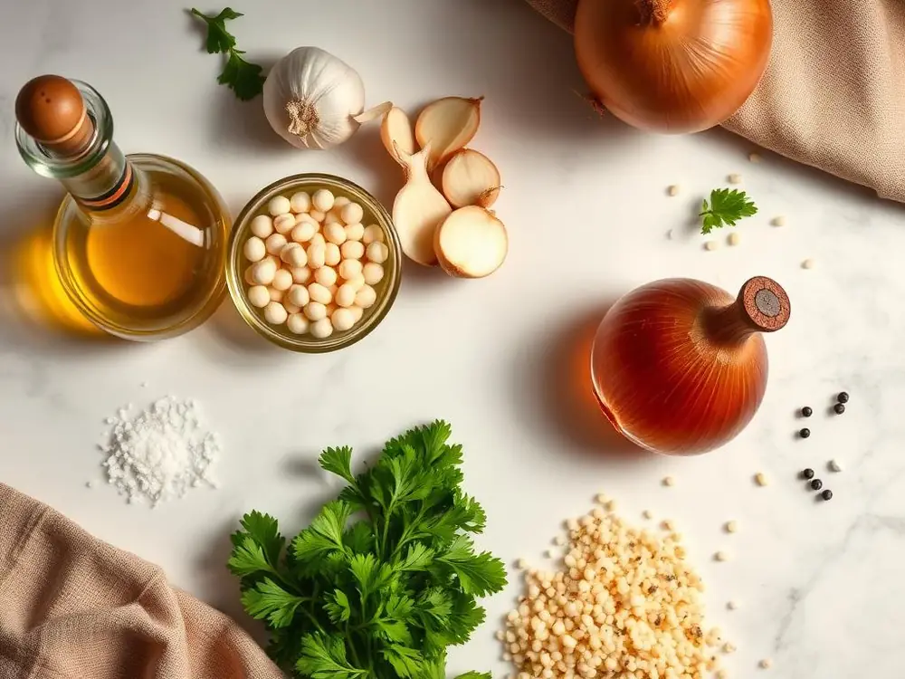 Raw ingredients for Israeli couscous on white marble: uncooked ptitim pearls, olive oil, garlic, onion, parsley, salt and pepper
