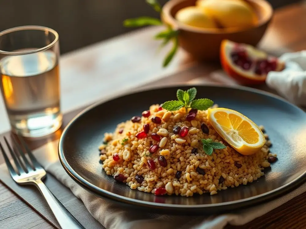 Plated Israeli couscous pilaf on a dark stoneware plate garnished with pine nuts, pomegranate seeds, mint and a lemon wedge