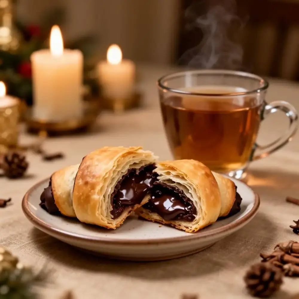 A single chocolate rugelach broken open beside a cup of tea on a candlelit holiday table