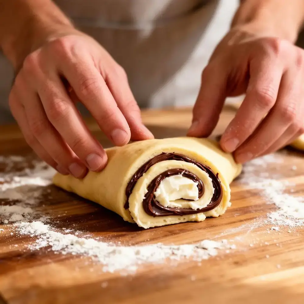 Hands rolling a triangle of cream cheese dough spread with chocolate filling into a crescent on a floured wooden surface