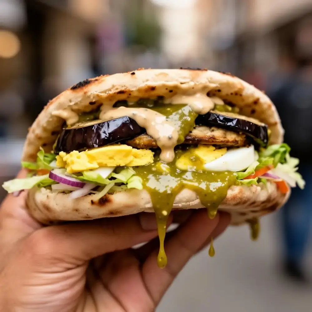 Close-up of a hand holding a loaded sabich pita with tahini and amba dripping