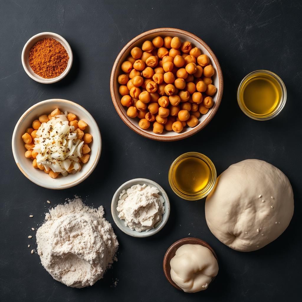 Overhead flat lay of sambusak ingredients including cooked chickpeas, ground cumin and turmeric, diced onion, olive oil, a flour mound, and a ball of dough on a dark slate surface